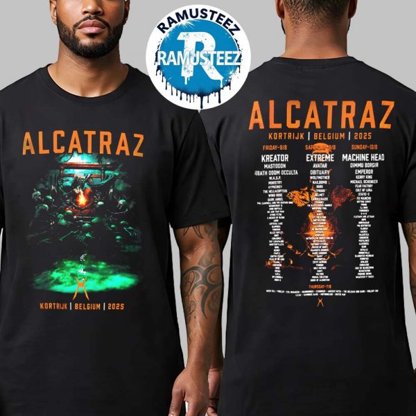 Alcatraz Open Air 2025 Collection Tee Kortrijk BE Poster Line Up On August 7th 8th 9th 10th 2025 At De Lange Munte Two Sided Print T-Shirt