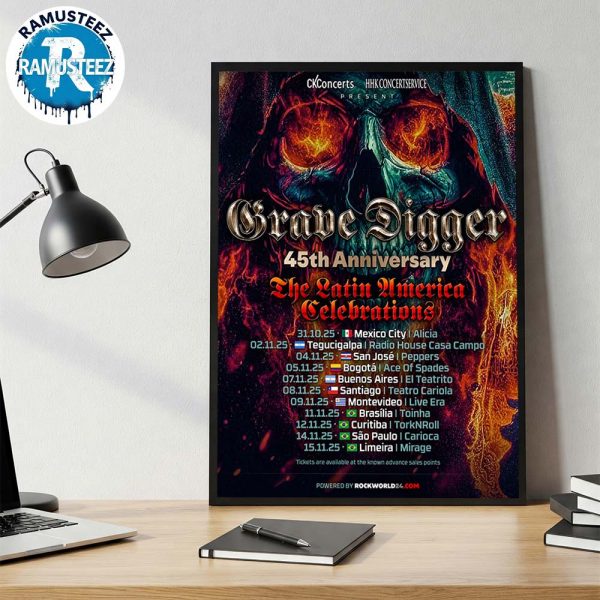 Grave Digger 45th Anniversary The Latin America Celebrations 2025 Dates List Kick Off At Multiforo Alicia In Mexico City MX On October 31th Poster Canvas