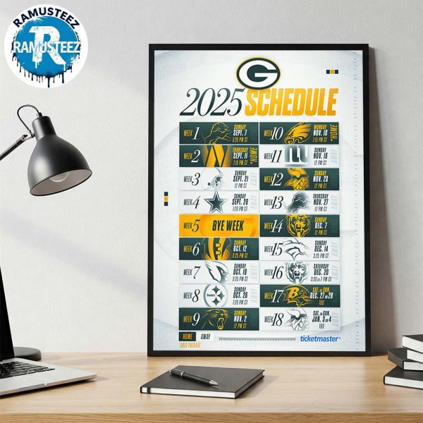 Green Bay Packers 2025 Regular Season NFL Schedule Home Decor Poster Canvas