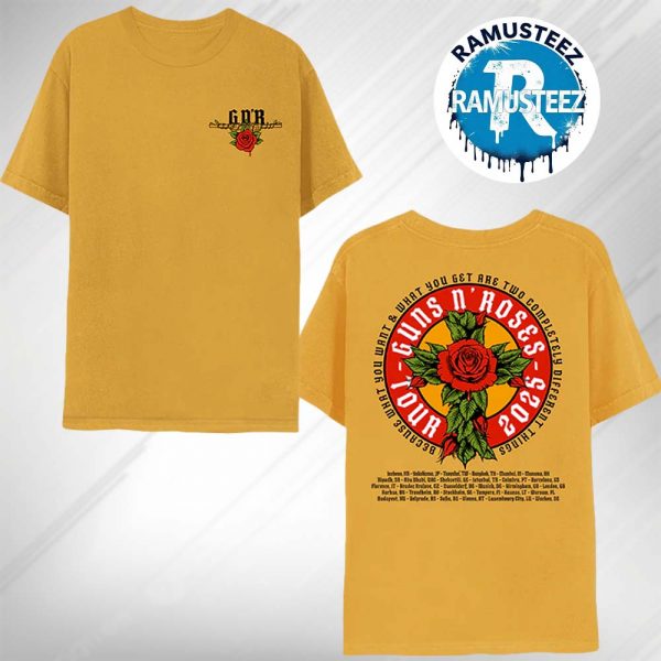 Guns N Roses Vienna Because What You Want And What You Get Are Two Completely Different Things Tour 2025 Collection Rose Cross Gold Tee Two Sided Print T-Shirt