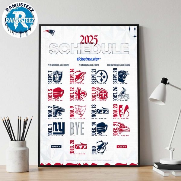 New England Patriots 2025 Regular Official Season NFL Schedule Home Decor Poster Canvas