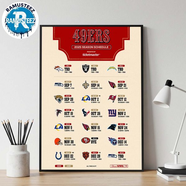 San Francisco 49ers 2025 Regular Official Season NFL Schedule Wall Decor Poster Canvas