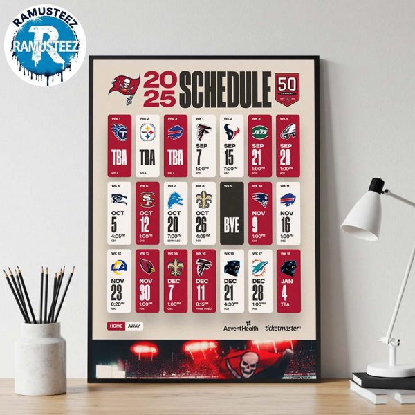 Tampa Bay Buccaneers 2025 Regular Official Season NFL Schedule Wall Decor Poster Canvas