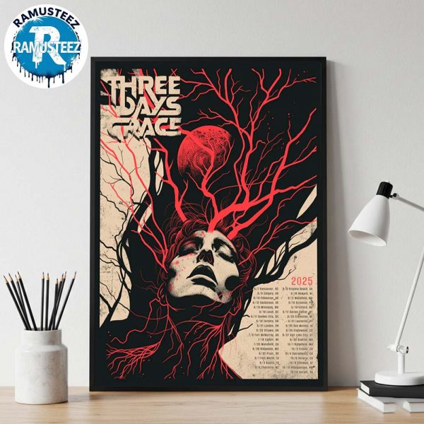Three Days Grace Poster For 2025 Tour Cities List Start In Vancouver BC On June 6 2025 Home Decor Poster Canvas