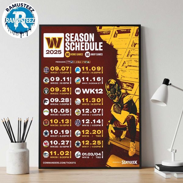 Washington Commanders 2025 Regular Official Season NFL Schedule Home Decor Poster Canvas