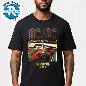 ACDC Imola Italy PWR UP Event Tour 2025 Cover Angus In A Roaring Formula 1 Car Unisex T-Shirt