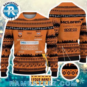 McLaren F1 Team Custom Name 2025 Black And Orange Pattern Ugly Christmas Sweater Gift For Men And Women