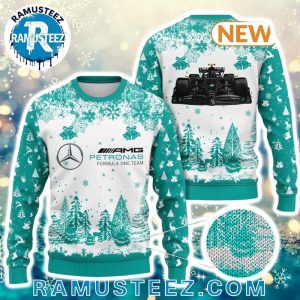 Mercedes-AMG Petronas F1 Tree And Snow Pattern 2025 Holiday Gift Ugly Christmas Sweater