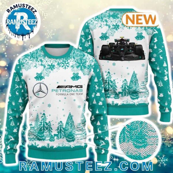 Mercedes-AMG Petronas F1 Tree And Snow Pattern 2025 Holiday Gift Ugly Christmas Sweater