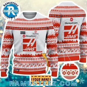 MoneyGram Haas F1 Team Custom Name Pattern Red And White 2025 Ugly Christmas Sweater