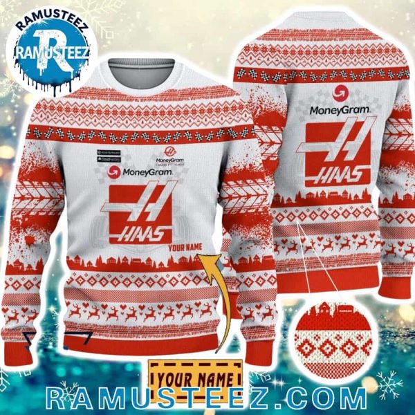 MoneyGram Haas F1 Team Custom Name Pattern Red And White 2025 Ugly Christmas Sweater