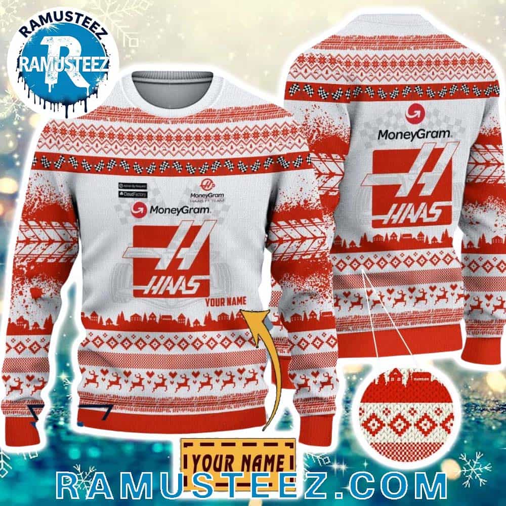 MoneyGram Haas F1 Team Custom Name Pattern Red And White 2025 Ugly Christmas Sweater MoneyGram Haas F1 Team Custom Name Pattern Red And White 2025 Ugly Christmas Sweater