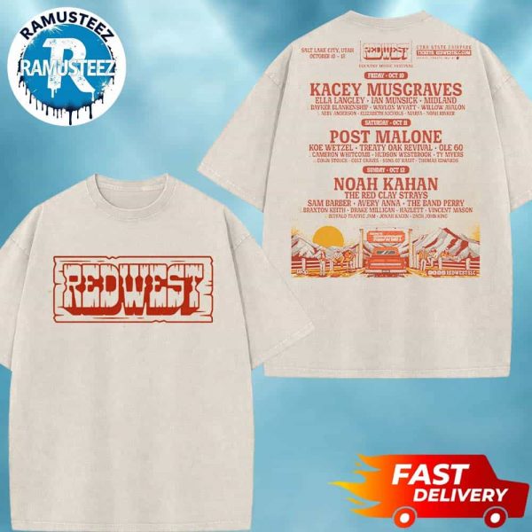 Redwest Country Music Festival 2025 Utah State Fairpark Poster Full Lineup In Salt Lake City Utah On October 10-12 2025 Two Sided Print Washed T-Shirt