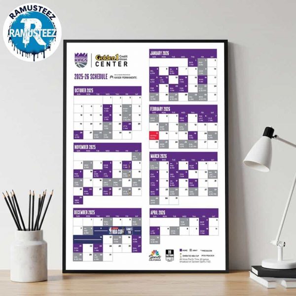 Sacramento Kings 2025-26 Regular Season NBA Schedule Wall Decor Poster Canvas
