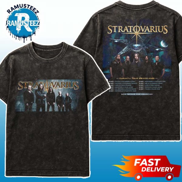 Stratovarius In Puebla Cuauhtli Tour Mexico 2025 Dates List Kick Off On October 8th At Explanada Puebla Two Sided Print Washed T-Shirt