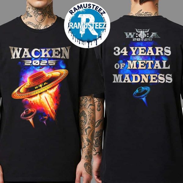 Wacken Open Air 2025 Saucer Merchandise Tee 34 Years Of Metal Madness Two Sided Print Unisex T-Shirt
